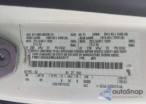 2021 Ford Escape Se из США, поврежденный, VIN 1FMCU9G62MUA93517